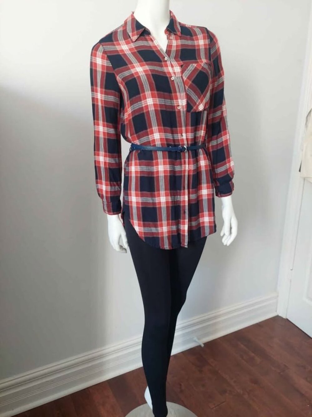 Dynamite Plaid Button Up Tunic Shirt XS EUC